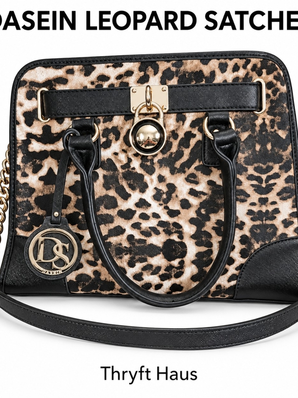 Dasein Leopard Print Satchel Handbag Black Gold Chain Padlock Shoulder Bag